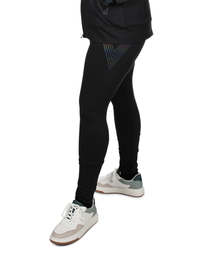 Side of a model wearing a size XXL Reflective Rainbow Slim-Fit High-Waisted Shaping Leggings in Black by Memoi. | dia_product_style_image_id:299785